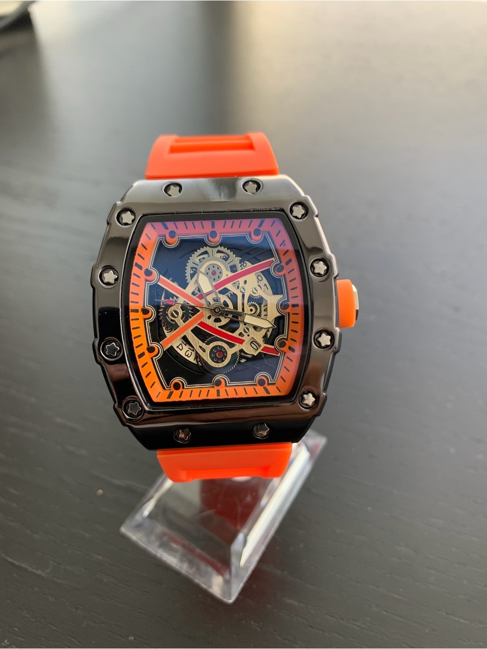 Luxury Tonneau Skeleton Automatic Watch Orange Strap Richard Mille Style